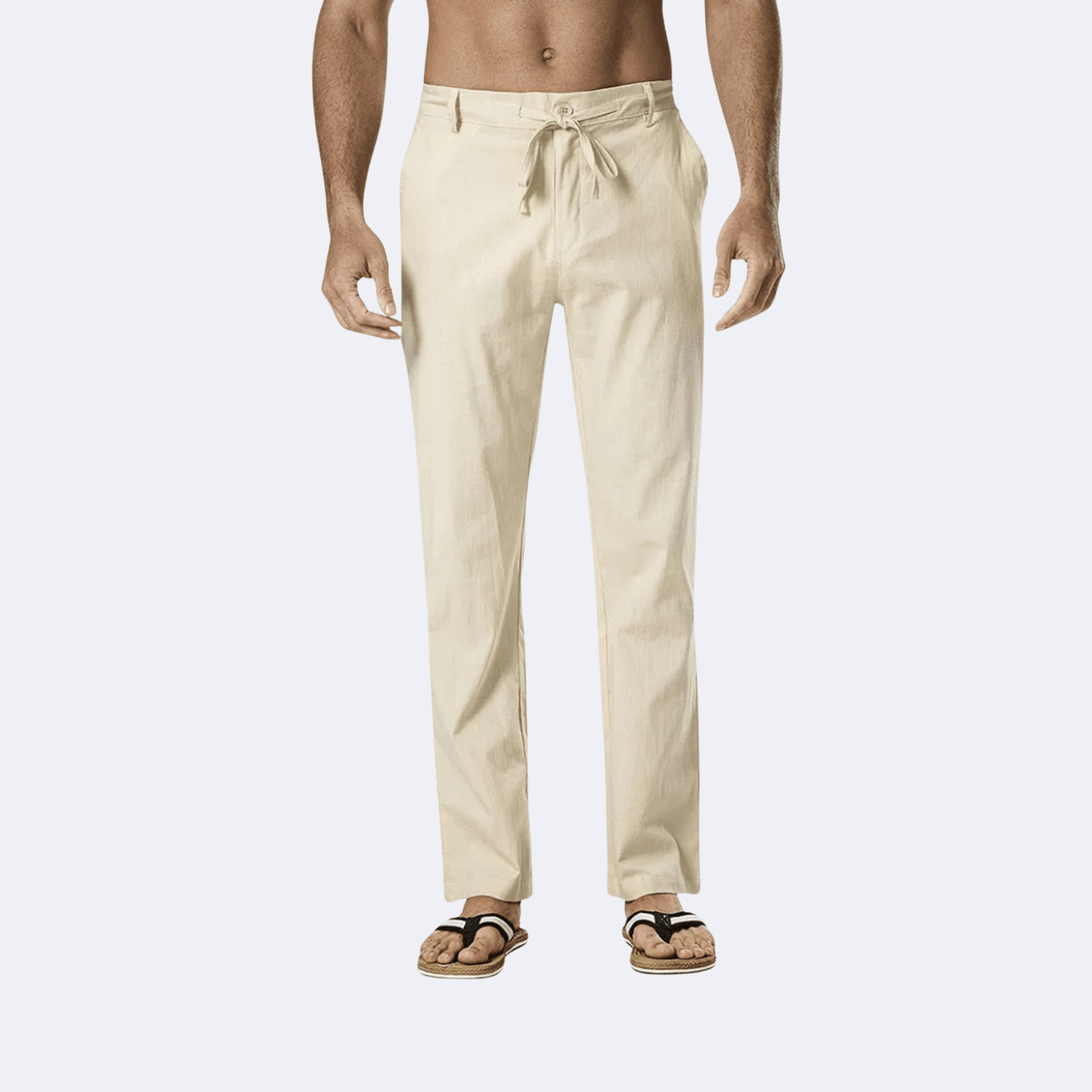 Men's Beige Linen Pants With Drawstring Adjustable Waist Regular Fit