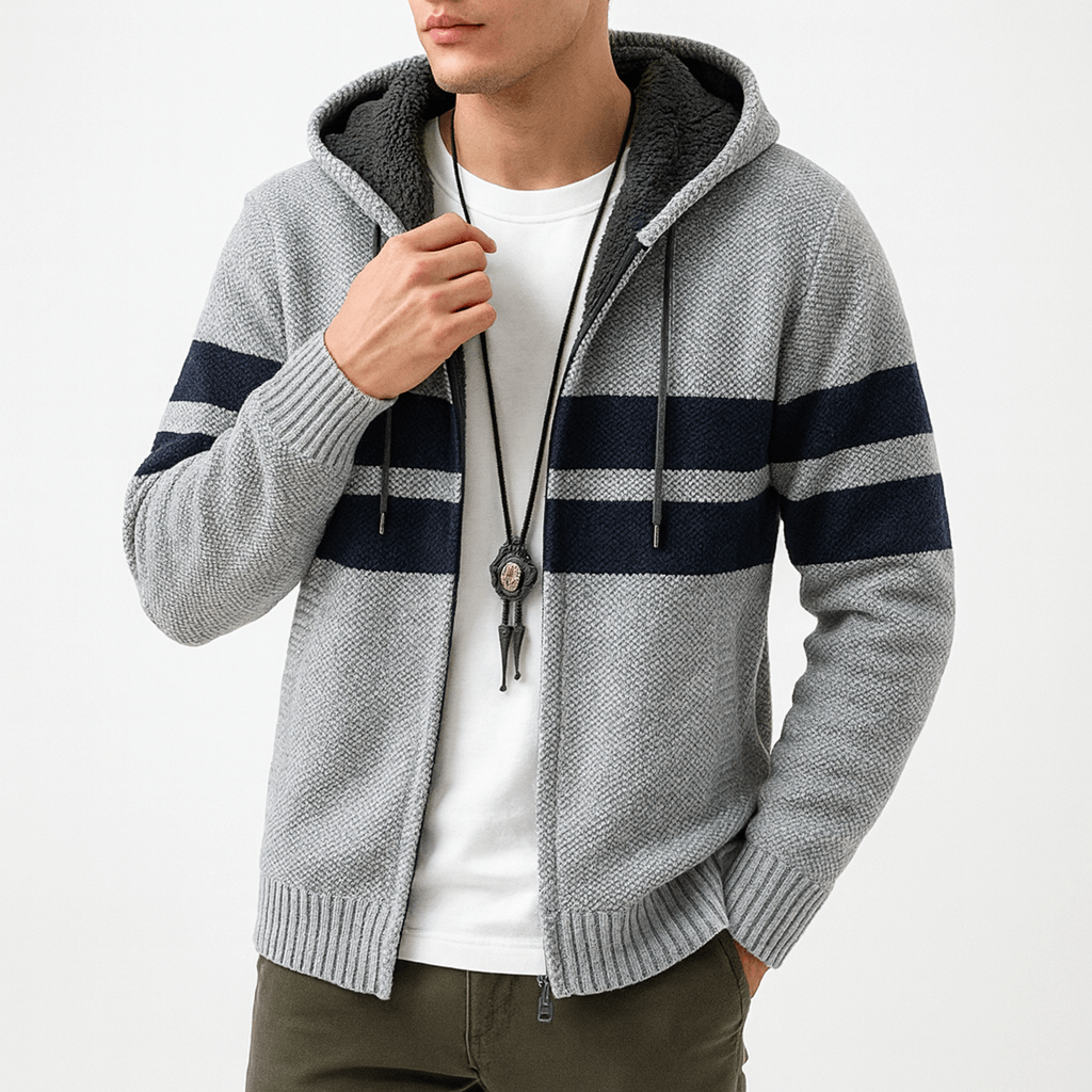 LUXEOUTFIT | Fleece-Lined Striped Zip Hoodie