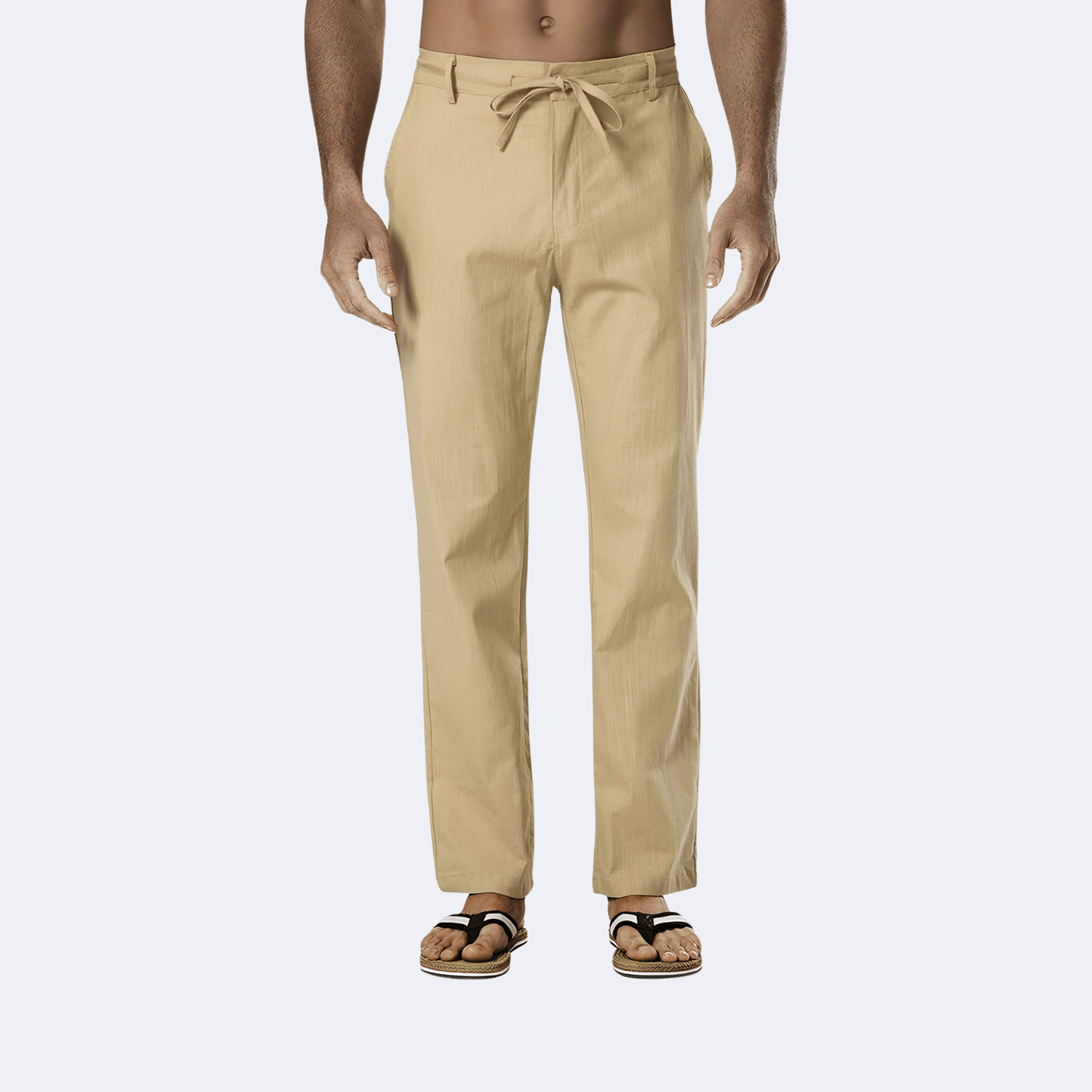 Men's Kaki Linen Pants With Drawstring Adjustable Waist Regular Fit